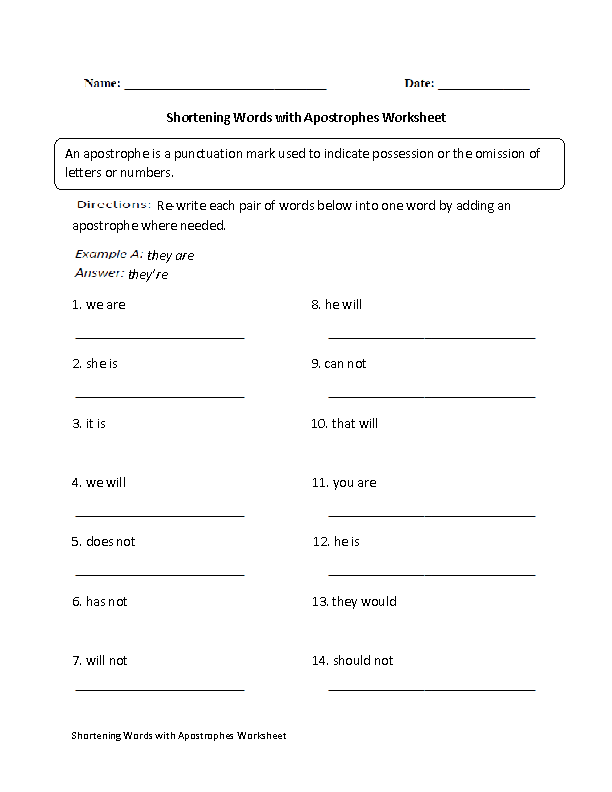 Shortening Words with Apostrophes Worksheet