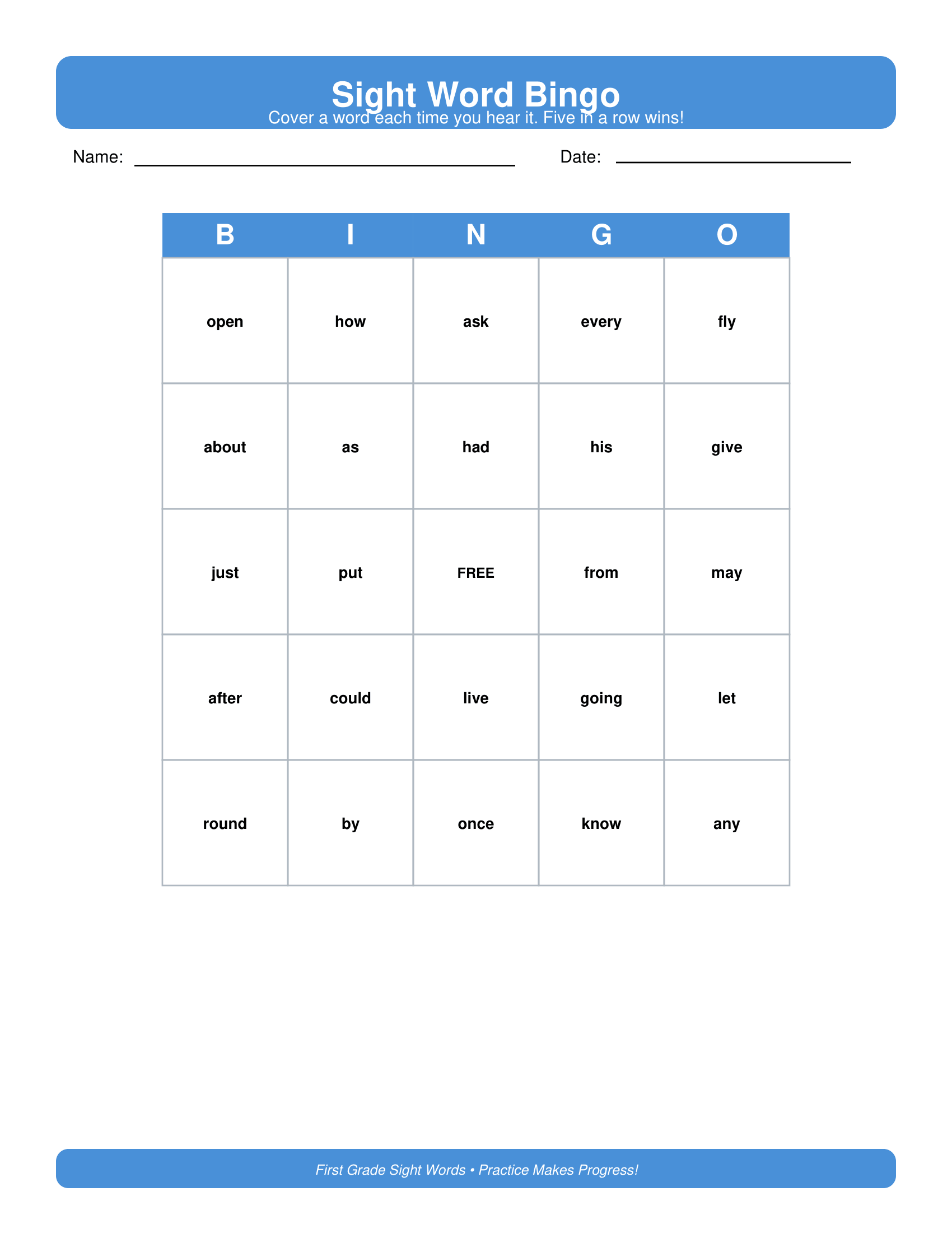 Sight Word Bingo First Grade Sight Words Worksheets