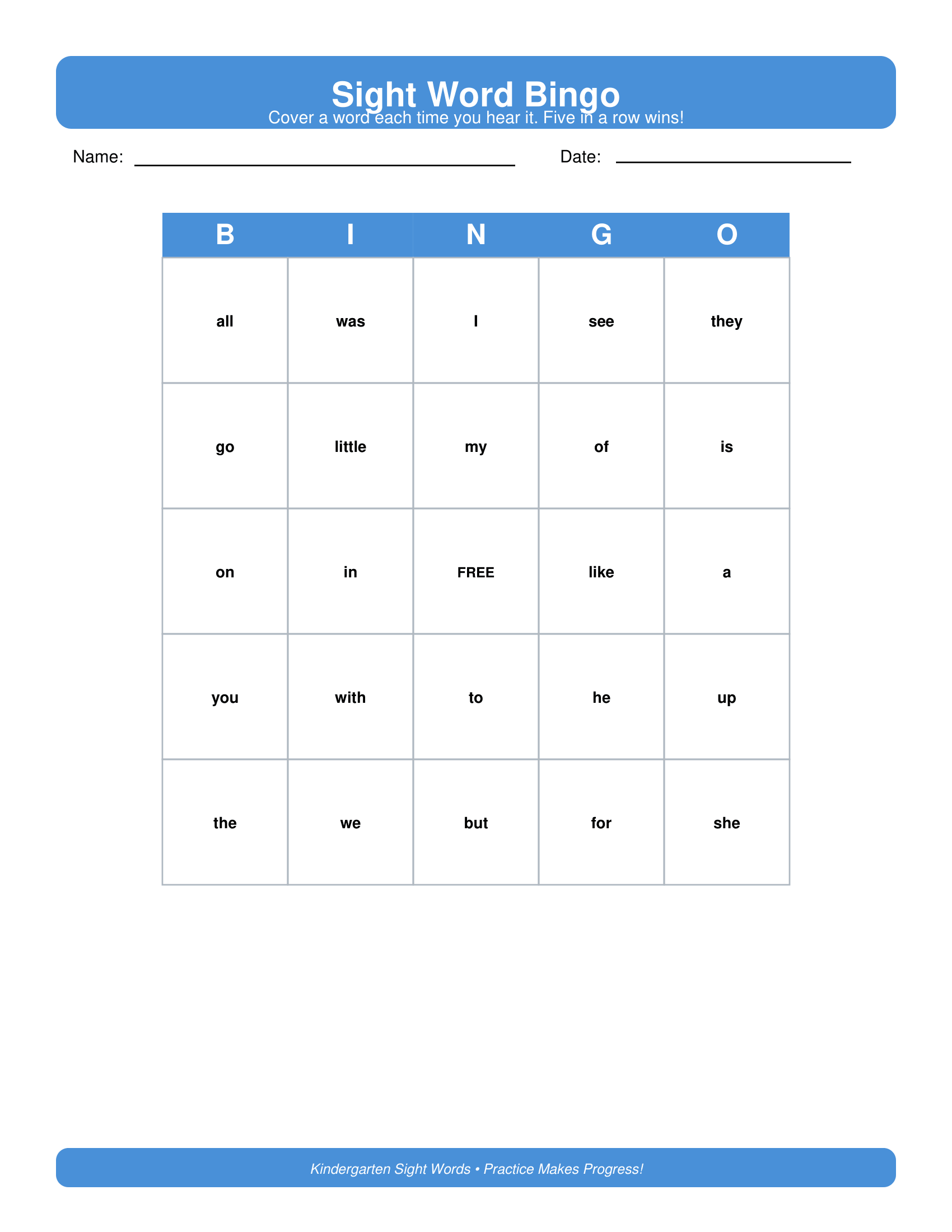 Sight Words Bingo Kindergarten Sight Words Worksheets