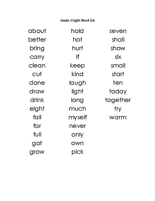 Sight Words List Grade 3