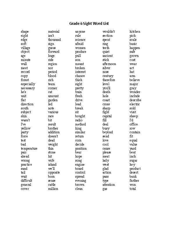 Sight Words List Grade 6