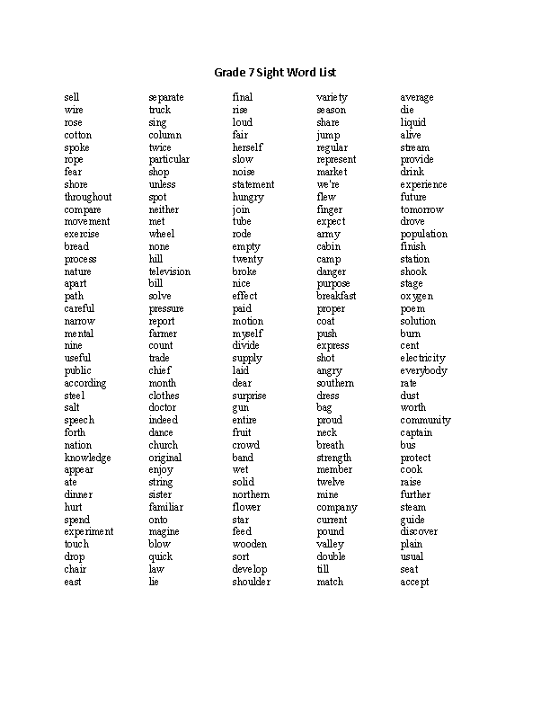 Sight Words List Grade 7