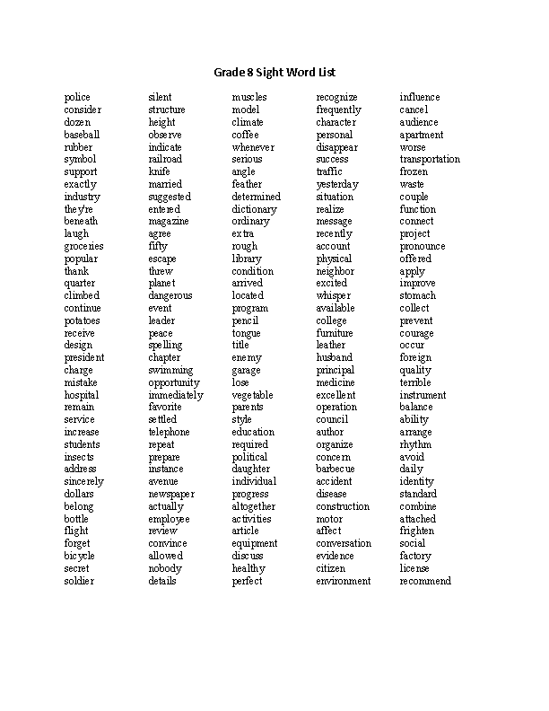 Sight Words List Grade 8