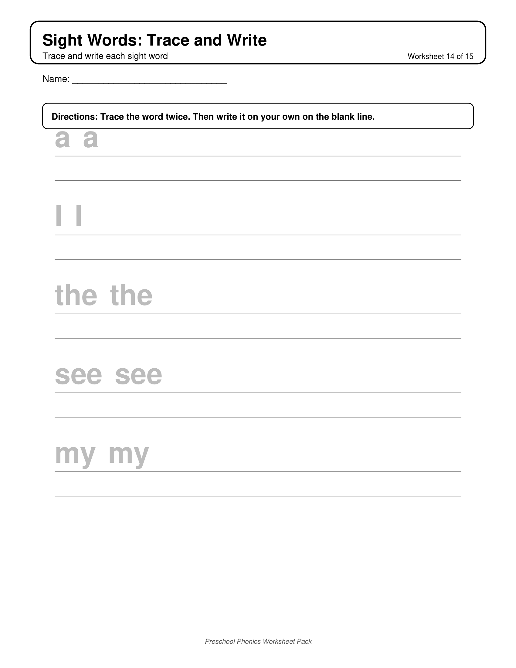 Sight Words Trace and Write Phonics Worksheets for Preschool