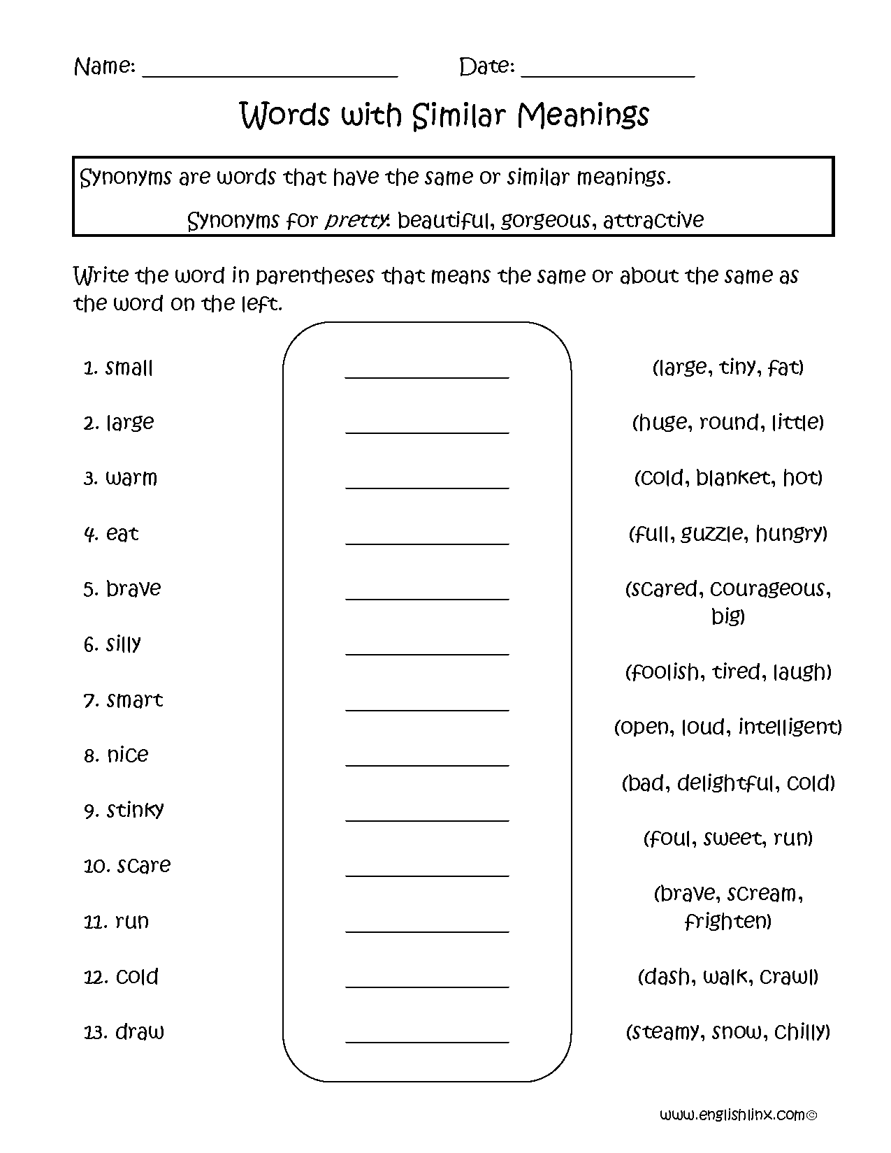 Similar Words Synonyms Worksheets