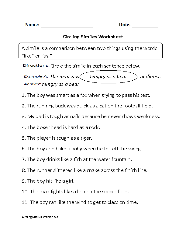 Similes Worksheet Part 1 as Beginner