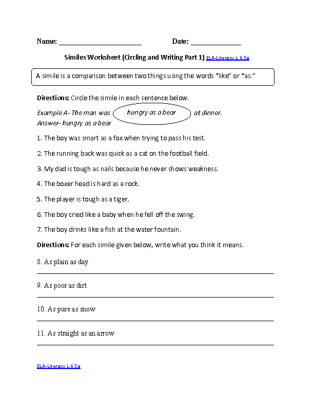 Similes Worksheet ELA-Literacy.L.6.5a Language Worksheet