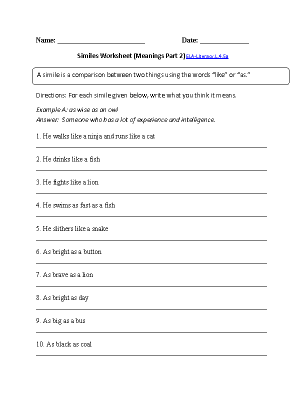 Similes Worksheet Meanings 2 ELA-Literacy.L.4.5a Language Worksheet