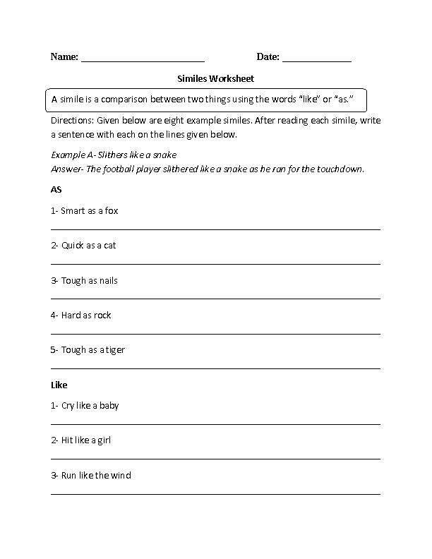Sentences Similes Worksheet