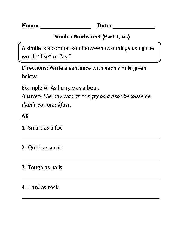 Similes Worksheet Part 1 as Beginner