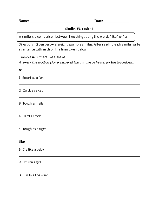 Similes Worksheet as and like Sentences Intermediate
