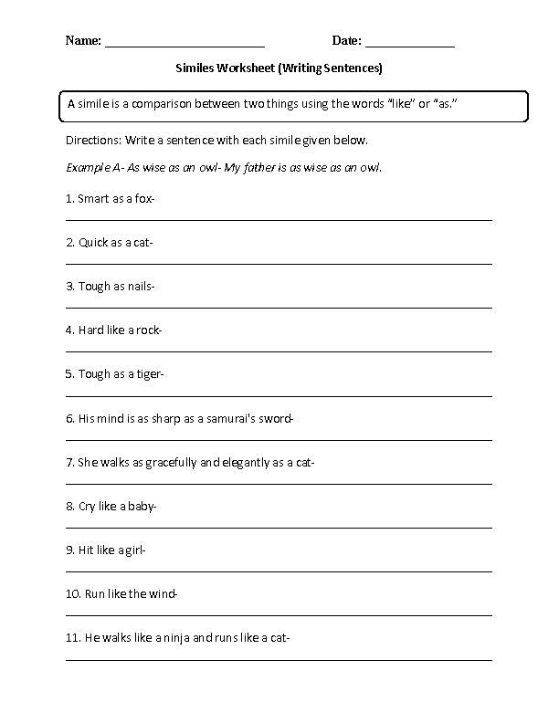 Similes Worksheet Writing Sentences Intermediate