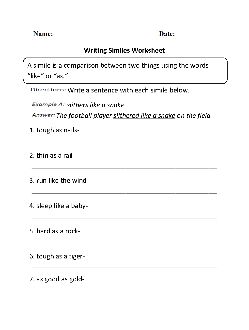 Writing Similes Worksheet