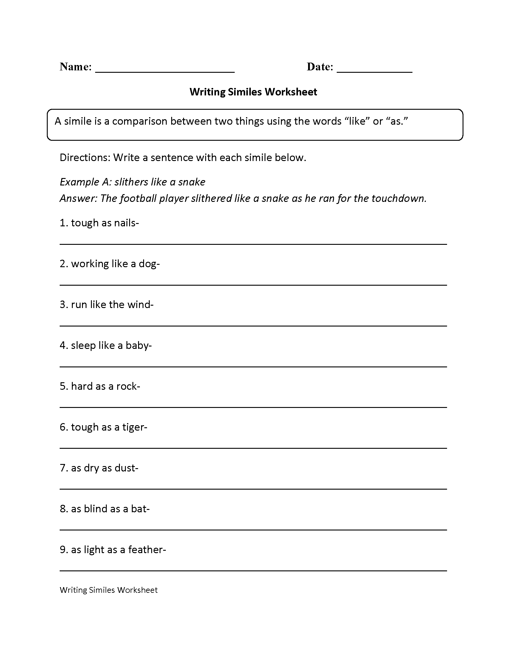 Writing Simile Worksheet