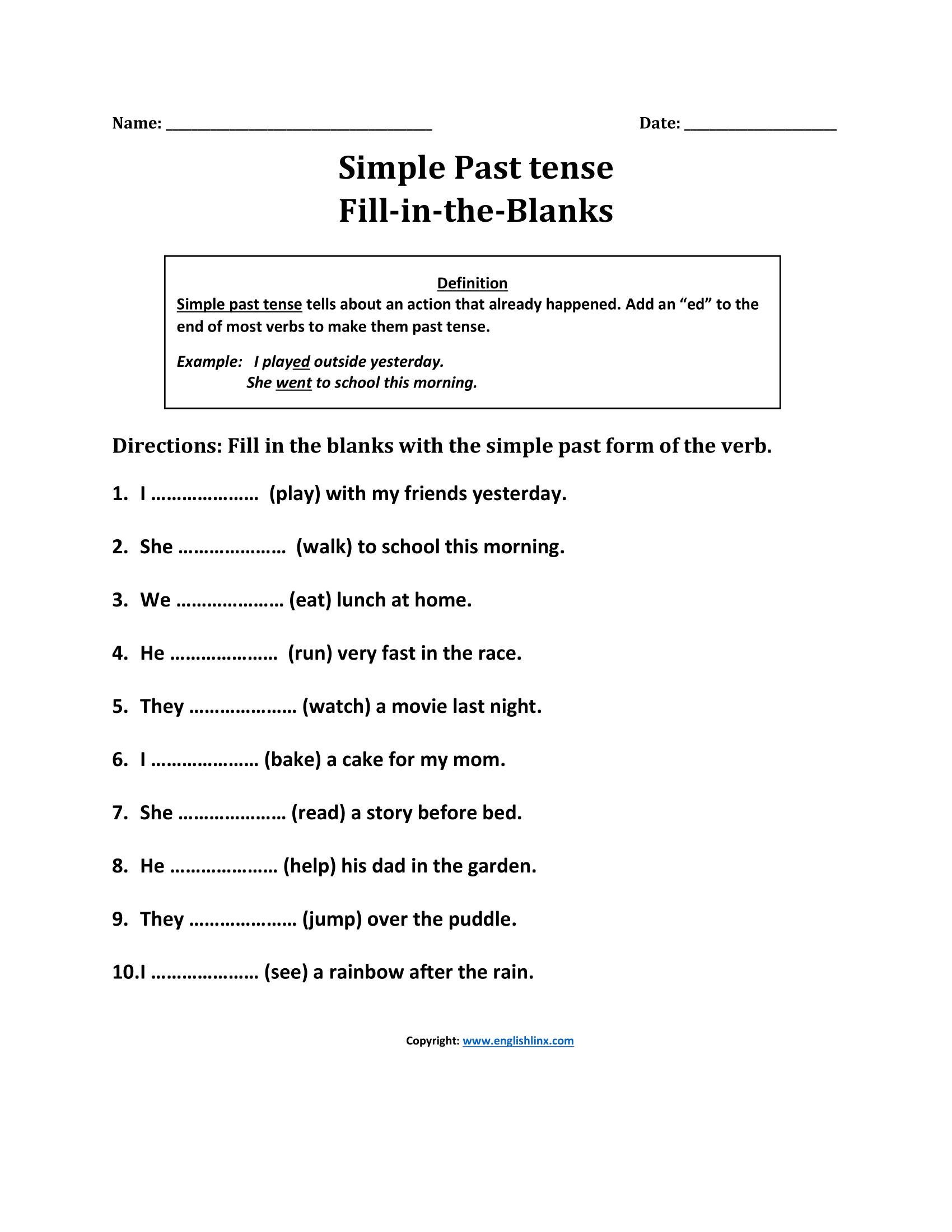 Simple Fill In Past Tense Worksheets