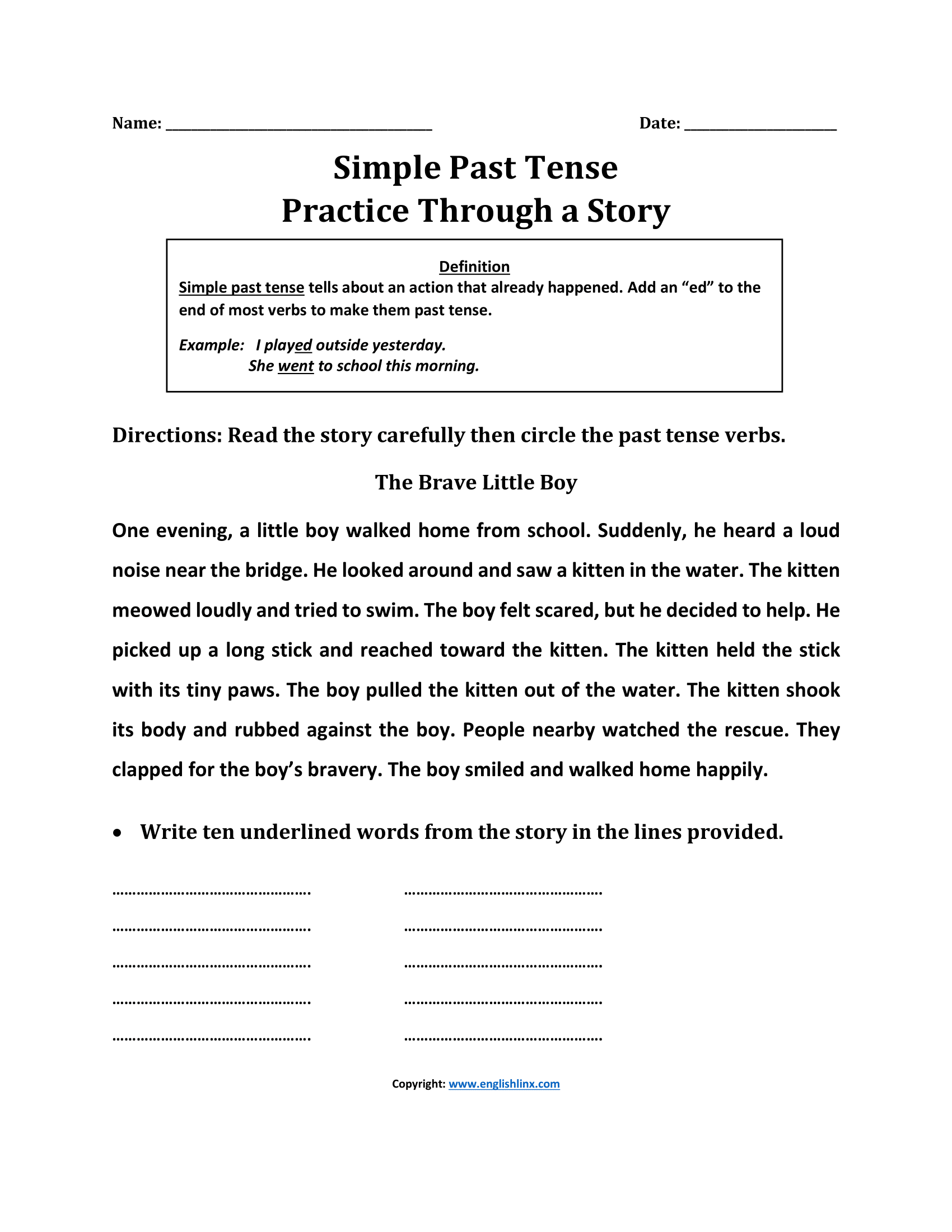 Simple Past Tense Practice Through a Story Worksheet