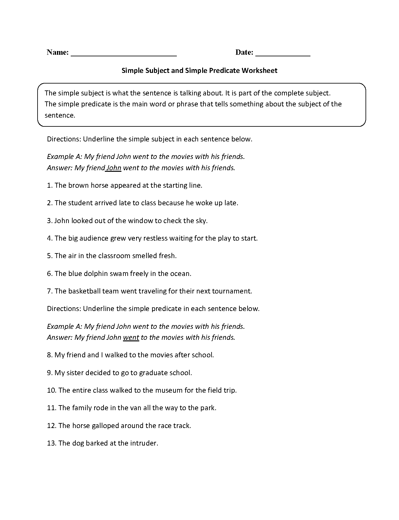 Simple Subject And Simple Predicate Worksheet 