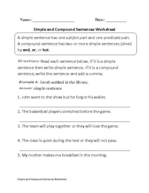 Compound Sentences Worksheets Simple And Compound Sentences Worksheet