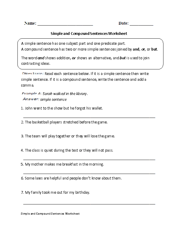 Simple and Compound Sentence Worksheet
