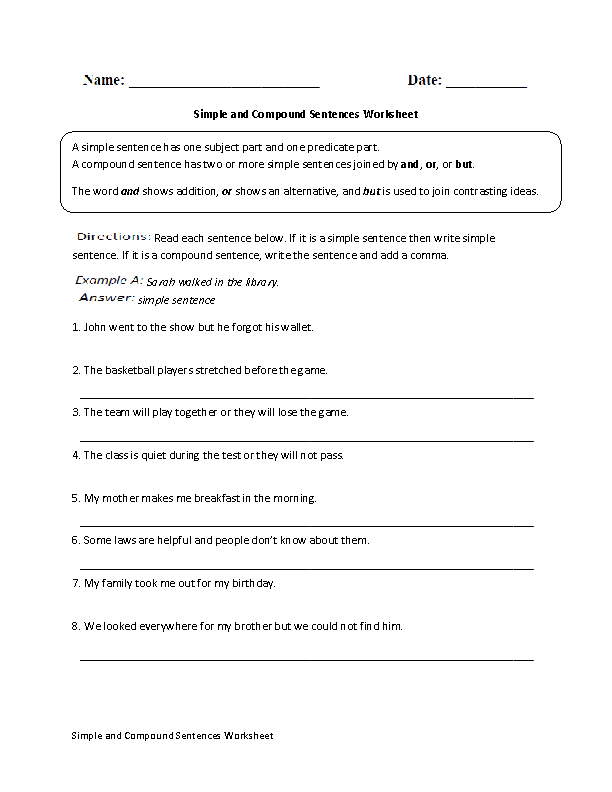 Compound Sentences Worksheets Simple Or Compound Sentences Worksheet