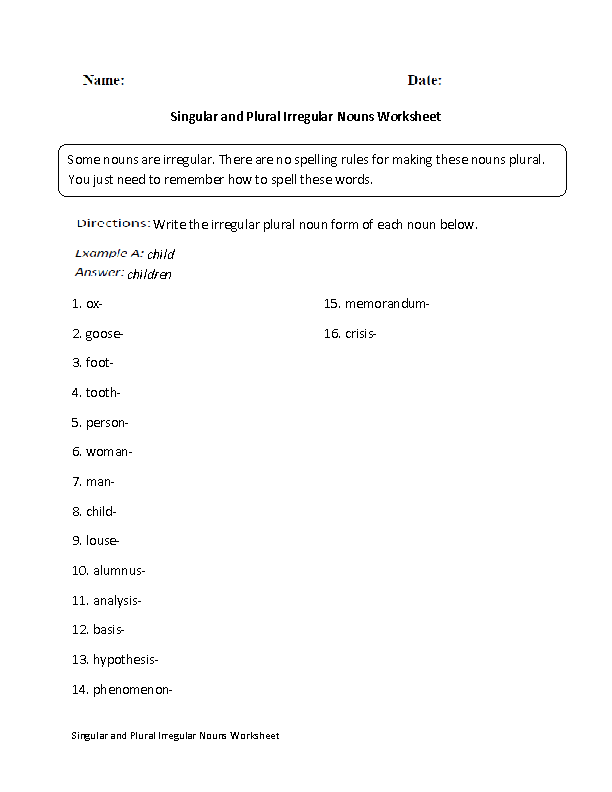 Singular and Plural Irregular Nouns Worksheet