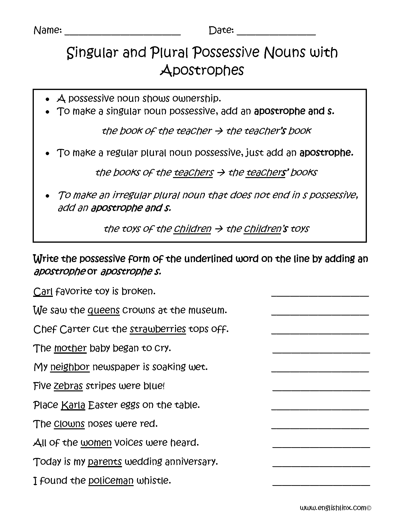 Student S Name: - Date: - Score: Grammar 1 Possessive 'S: Singular and  Plural Write The Apostrophe (') in The Correct Position, PDF