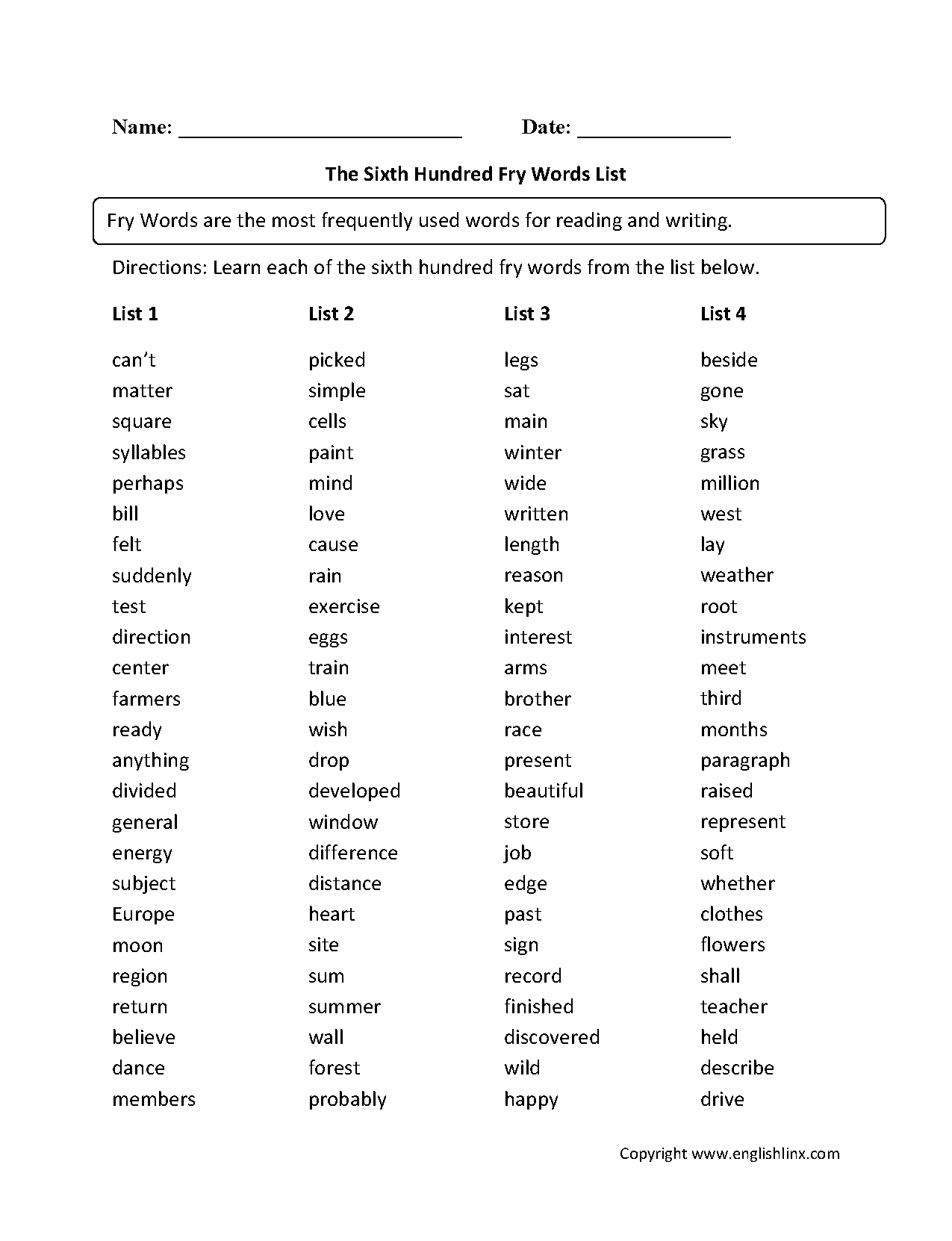 Fry Words Worksheets | Sixth Hundred Fry Words List Worksheets