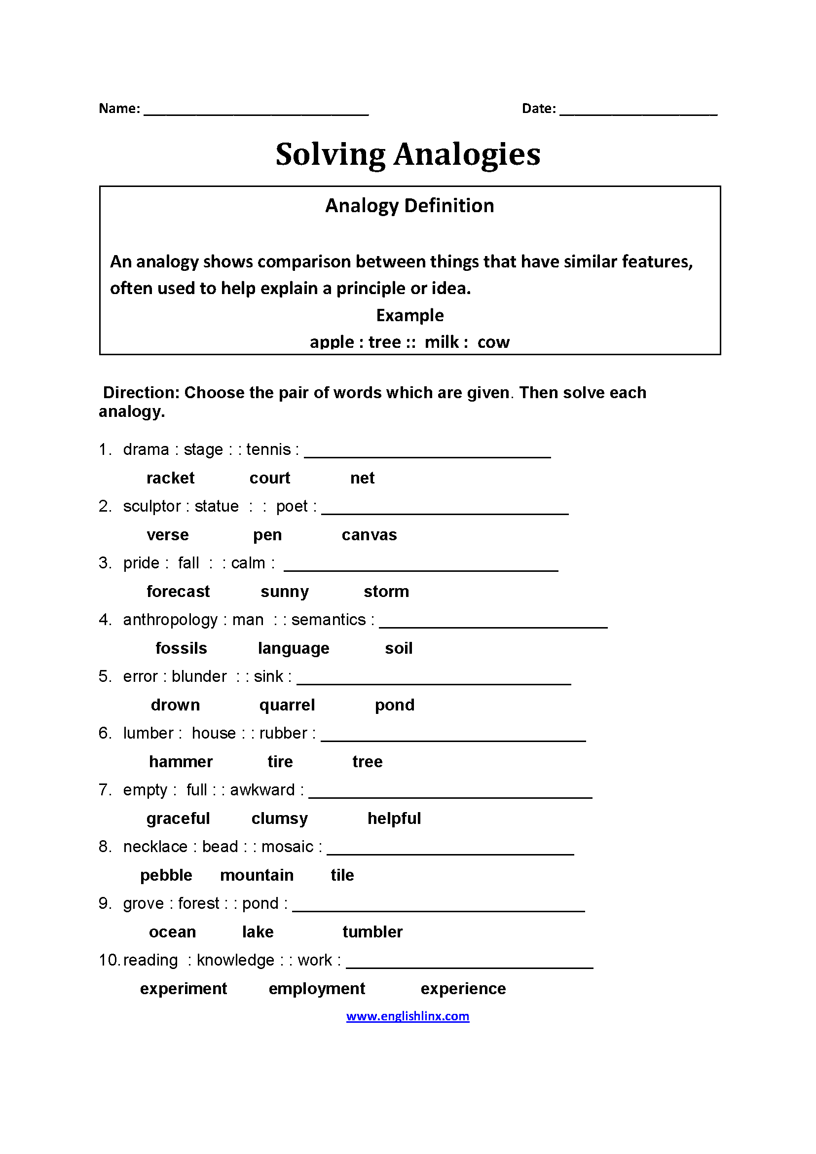 Solving Analogy Worksheets