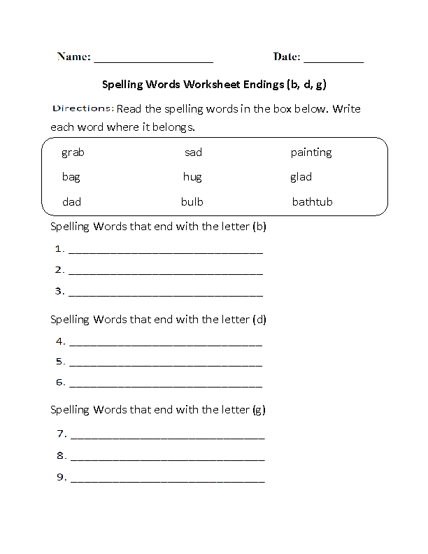 Spelling Worksheet Words Ending BDG Beginner