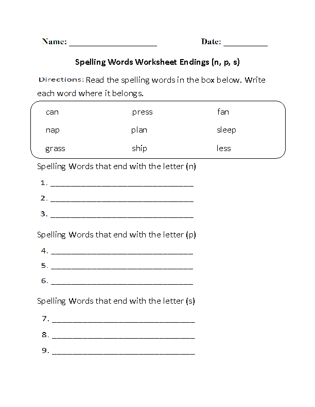 Spelling Worksheet Words Ending NPS Beginner