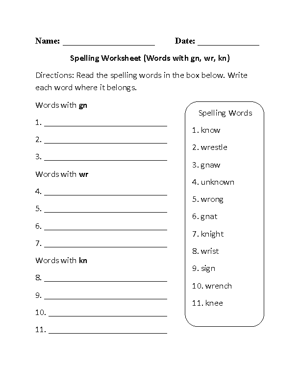 Spelling Worksheet Words with gn,wr,kn Part 1 Beginner