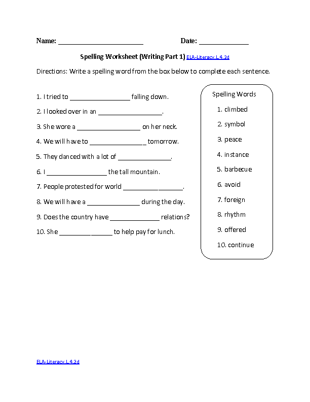 Spelling Worksheet 1 ELA-Literacy.L.4.2d Language Worksheet