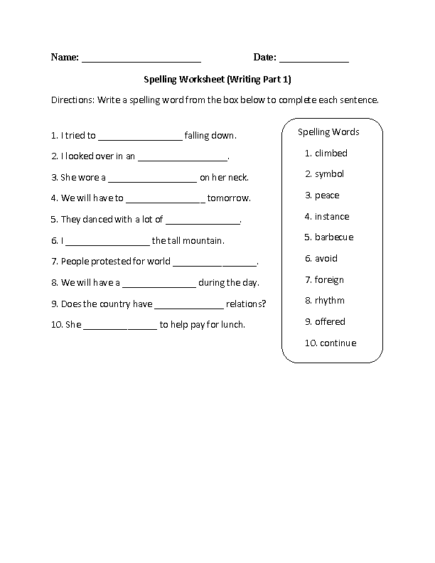 Spelling Worksheet Writing Part 1 Intermediate