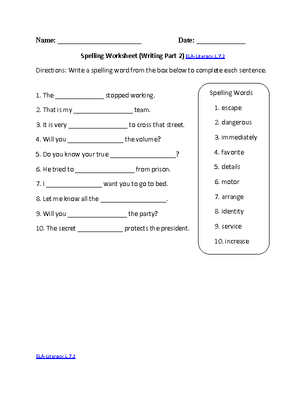 Spelling Worksheet 2 ELA-Literacy.L.7.2 Language Worksheet