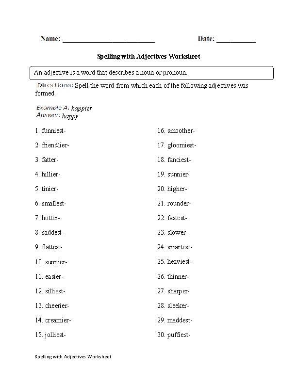 Spelling with Adjectives Worksheet