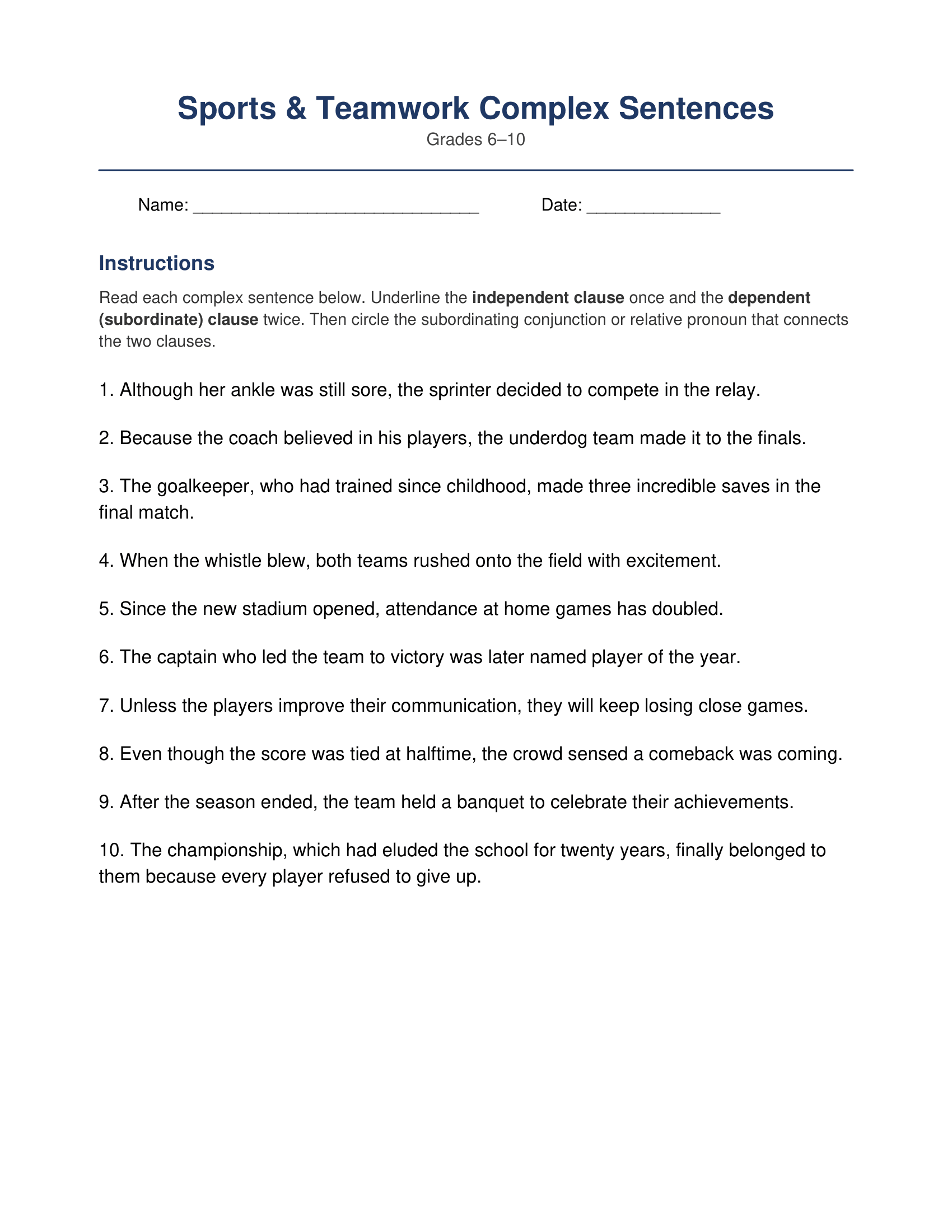 Sports Teamwork Complex Sentences Worksheets