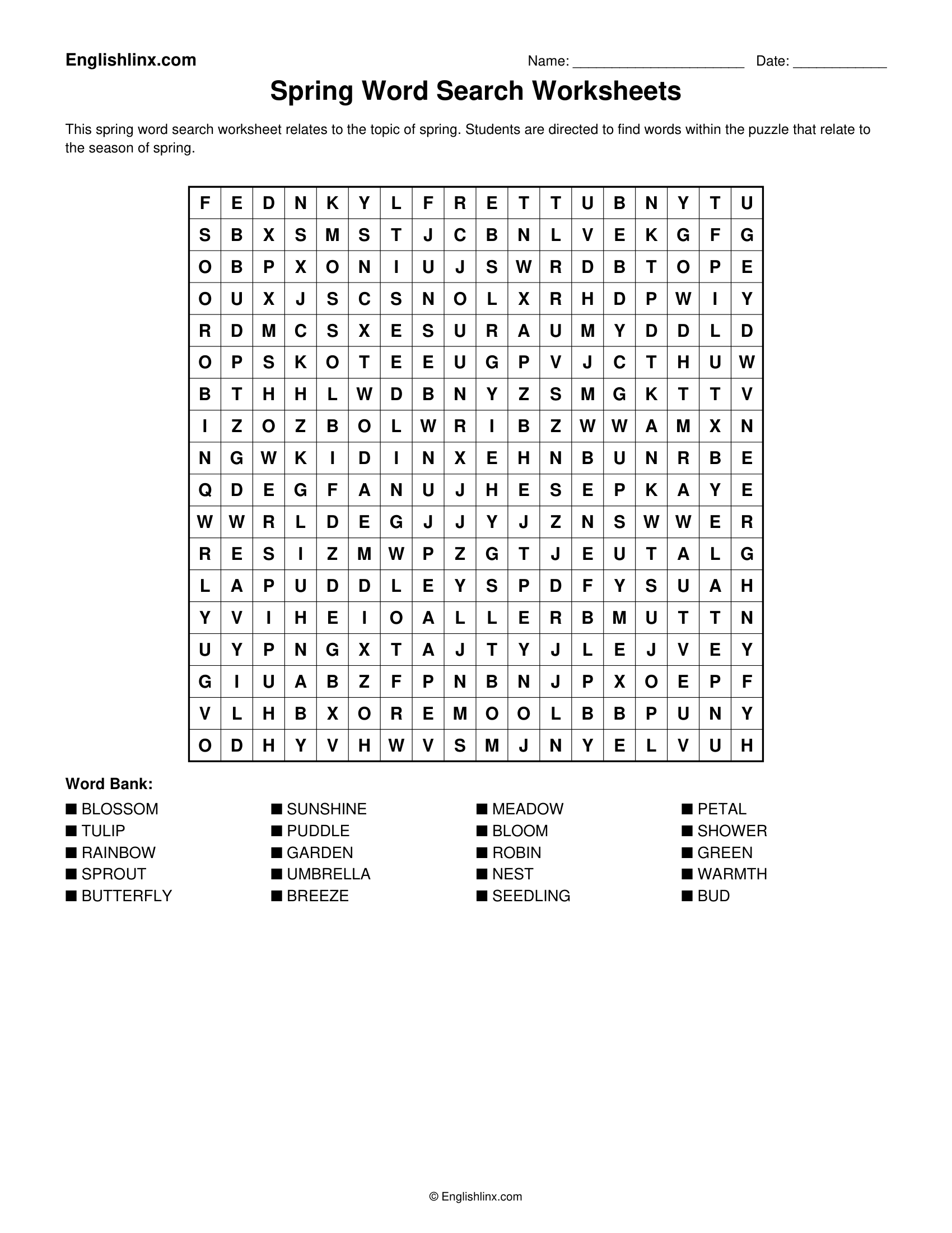 Spring Word Search Worksheets