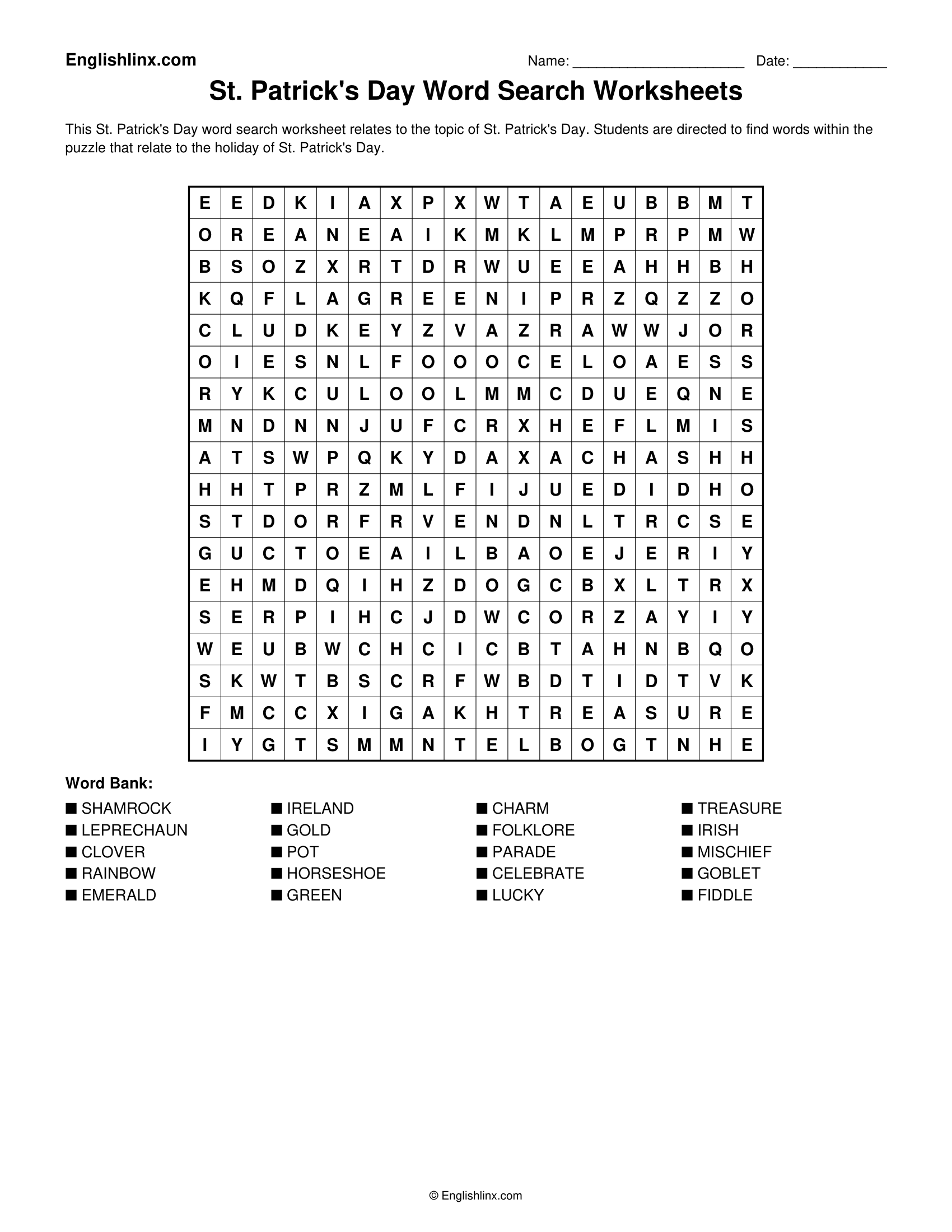 St. Patrick's Day Word Search Worksheets