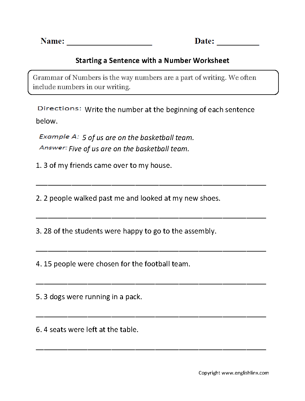 Starting Sentence with Number Worksheets