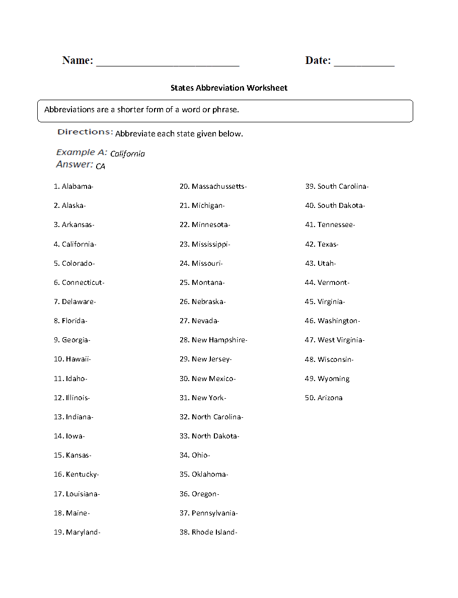 States Abbreviation Worksheets