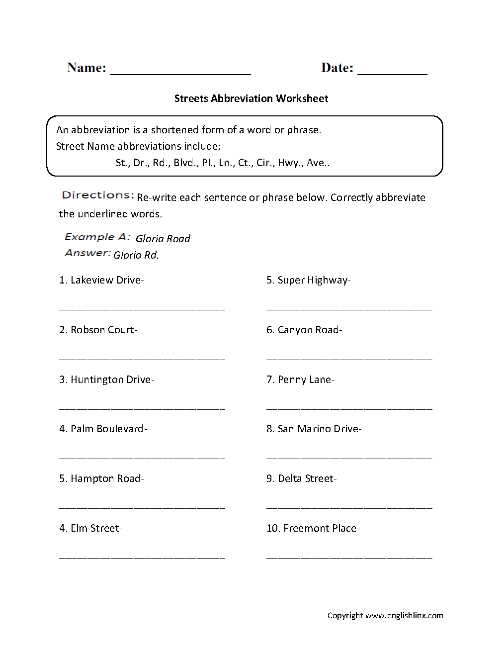 Streets Abbreviation Worksheets