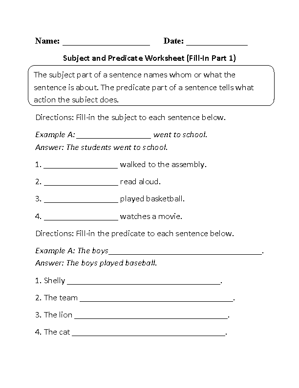 Subject and Predicate Worksheet Writing<br>Part 1