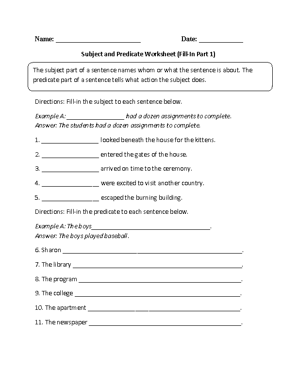 Subject and Predicate Worksheet Writing<br>Part 1