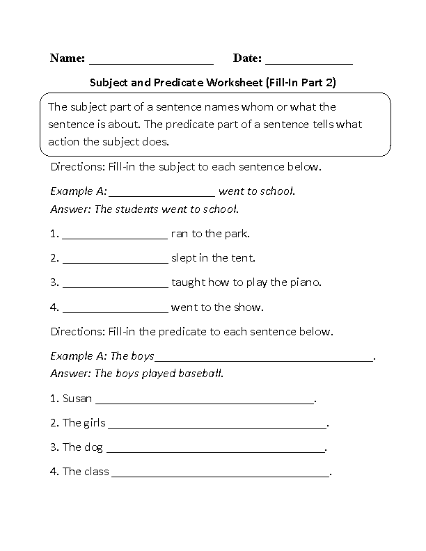 Subject and Predicate Worksheet Writing Part 2