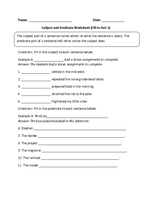 Subject and Predicate Worksheet Writing<br>Part 2