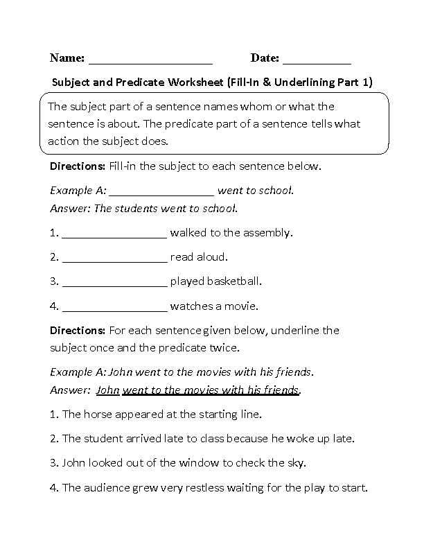 Subject and Predicate Worksheet Fill-In and Underlining