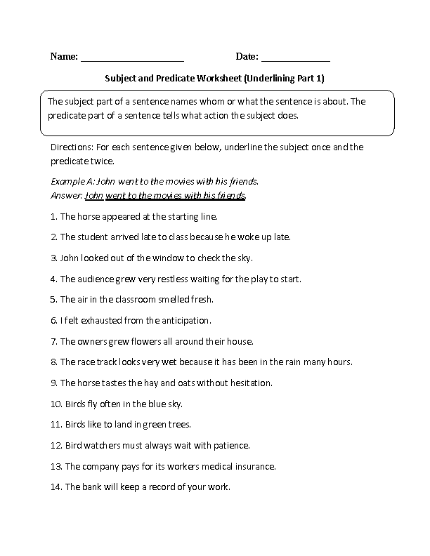 Subject and Predicate Worksheet Underlining