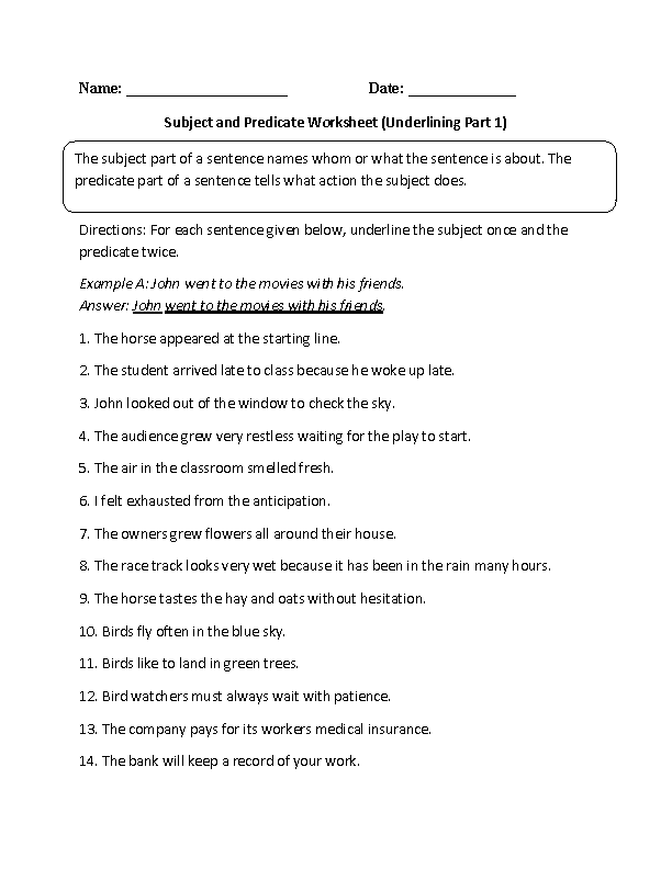Subject And Predicate Worksheets Subject And Predicate Worksheet