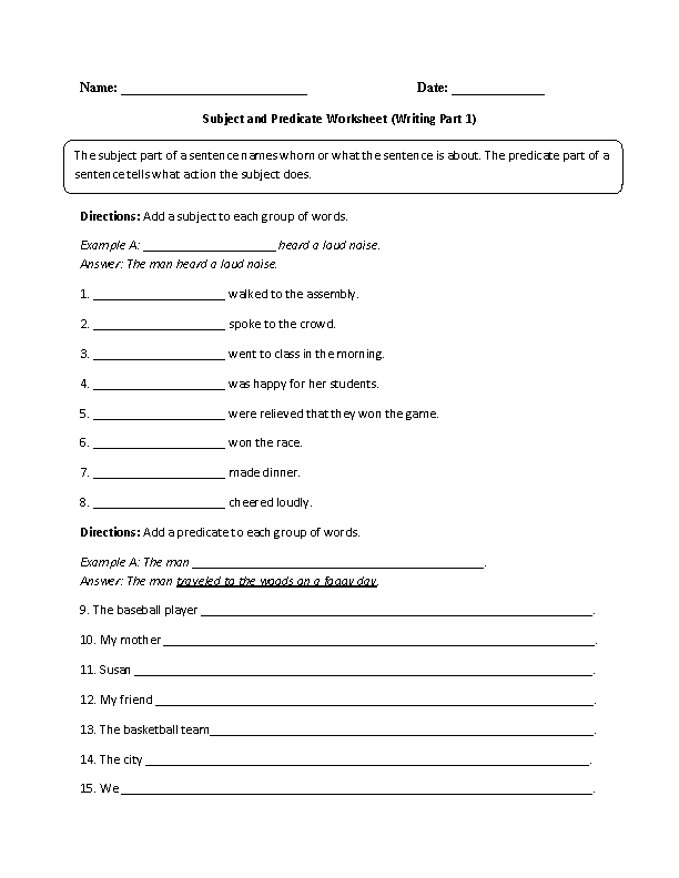Writing a Subject and Predicate Worksheet