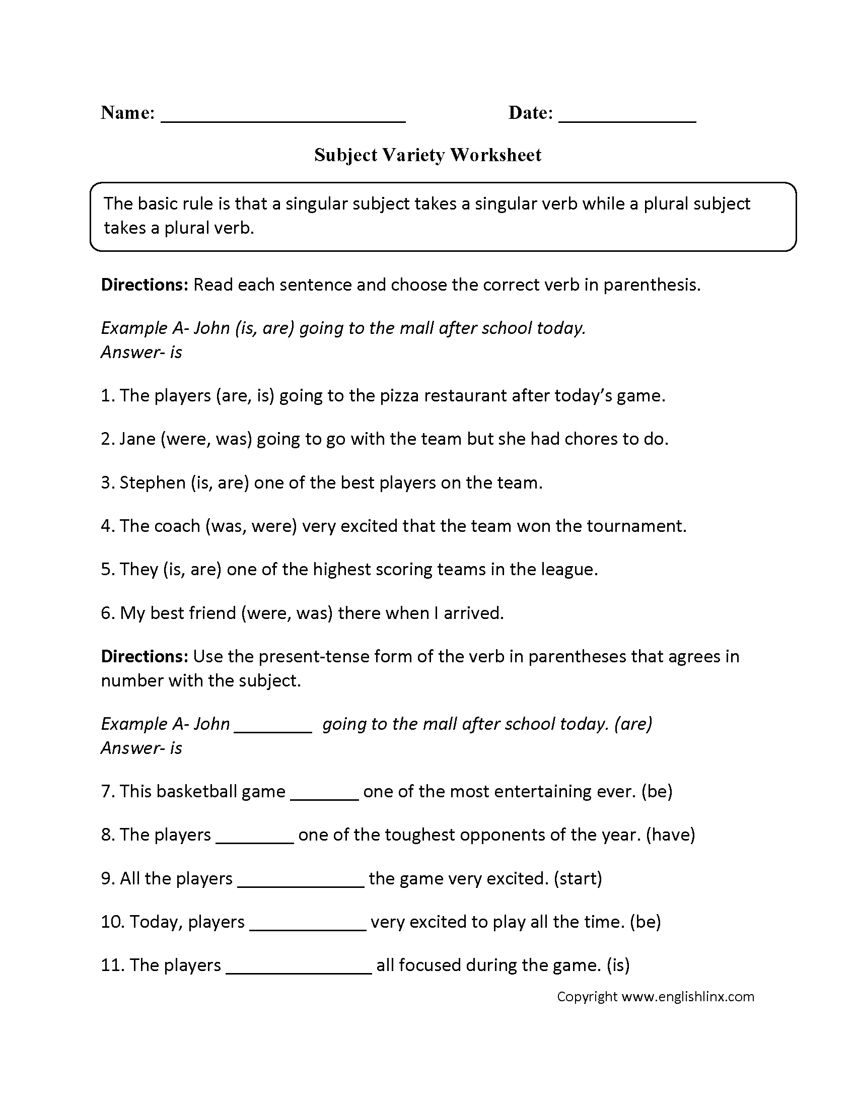 Subject Variety Subject Verb Agreement Worksheet